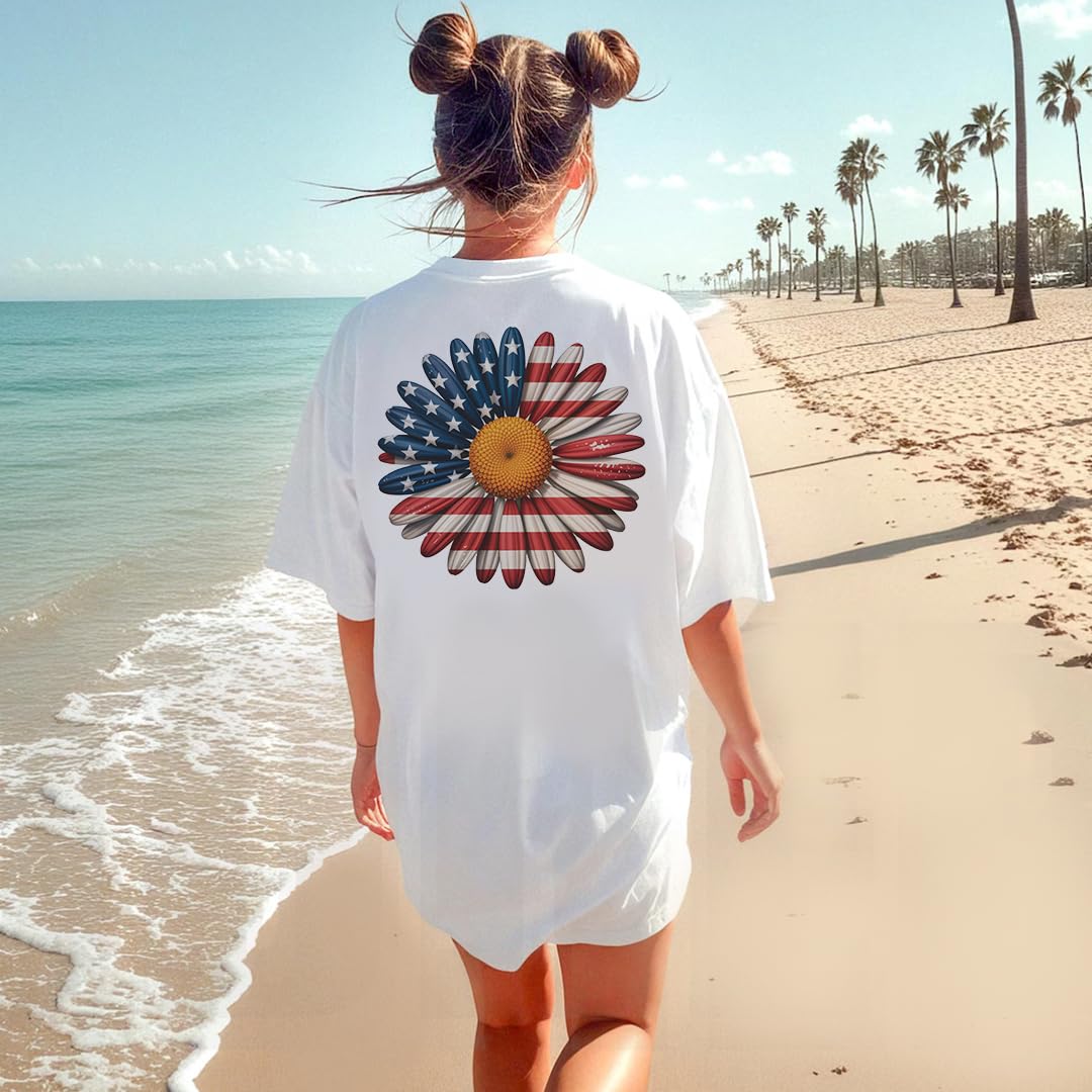 America 4th of July Bow Printed 2-Sided T-Shirt - Daisy Fourth of July Tee Shirt for Women