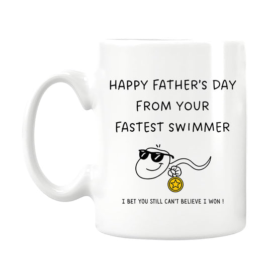 Funny Father's Day Coffee Mug, Fastest Swimmer Design, White Ceramic Cup with Humorous Quote 11oz