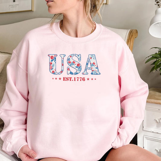 America Fourth of July Embroidered Sweatshirt for Women - 4th of July Shirt Embroidery - Patriotic Est 1776 Shirt for Women