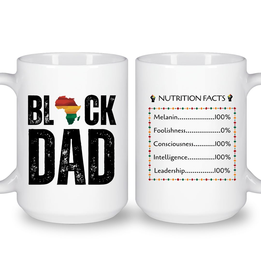 Black Dad Coffee Mug with African Pride Design, Double-Sided Nutrition Facts Print, White Ceramic
