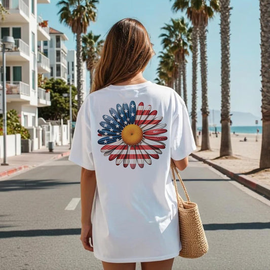 America 4th of July Bow Printed 2-Sided T-Shirt - Daisy Fourth of July Tee Shirt for Women