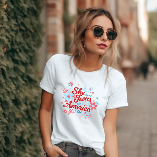 She Loves Jesus and America T-Shirt, Patriotic Faith Design, Women's Short Sleeve, Multiple Colors