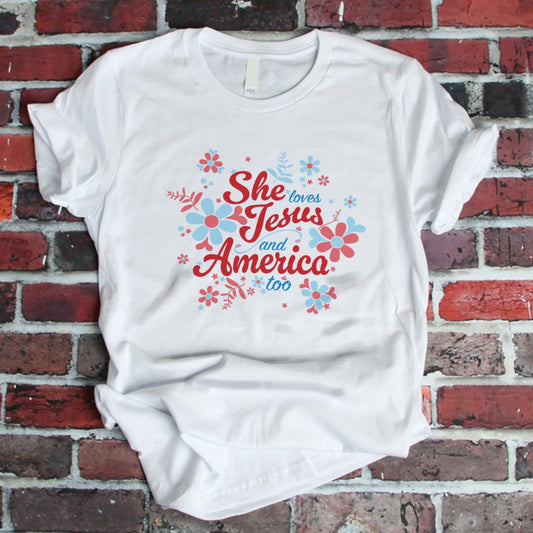 She Loves Jesus and America T-Shirt, Patriotic Faith Design, Women's Short Sleeve, Multiple Colors