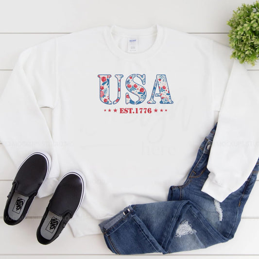 America Fourth of July Embroidered Sweatshirt for Women - 4th of July Shirt Embroidery - Patriotic Est 1776 Shirt for Women