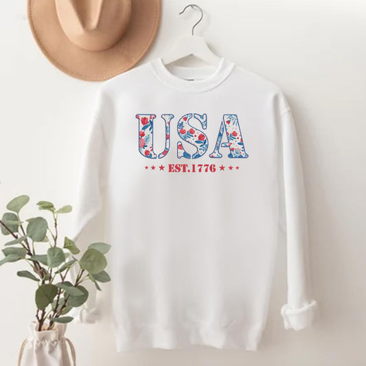 America Fourth of July Embroidered Sweatshirt for Women - 4th of July Shirt Embroidery - Patriotic Est 1776 Shirt for Women