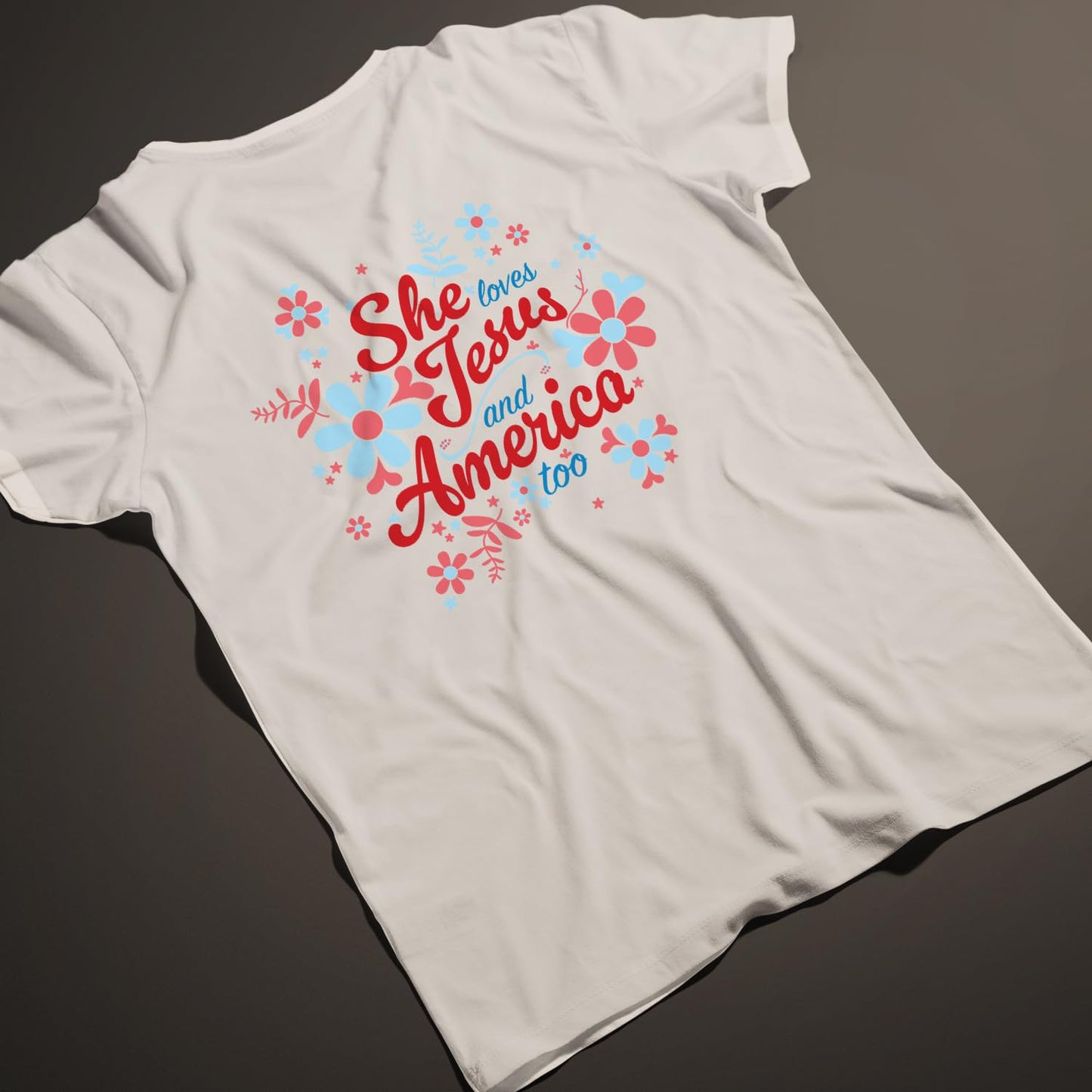 She Loves Jesus and America T-Shirt, Patriotic Faith Design, Women's Short Sleeve, Multiple Colors