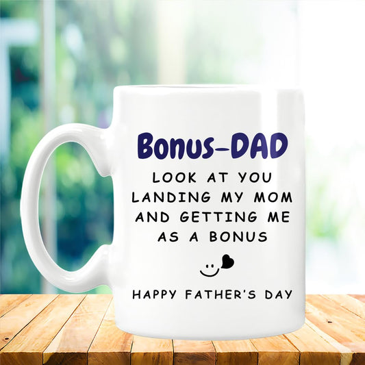 Father's Day Coffee Mug for Step Dad, Funny Stepdad Gift, White Ceramic Cup with Heartwarming Message