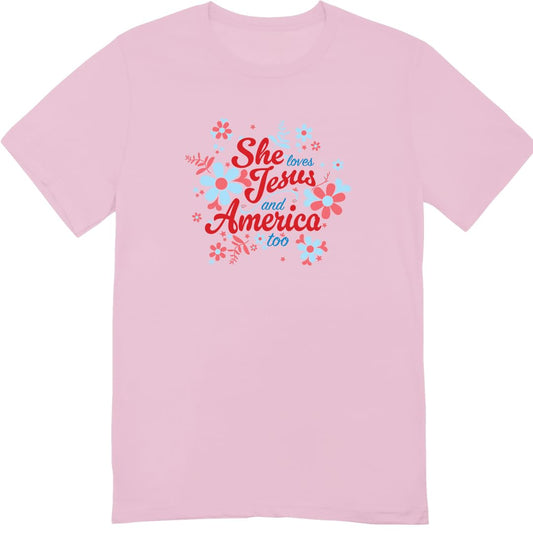 She Loves Jesus and America T-Shirt, Patriotic Faith Design, Women's Short Sleeve, Multiple Colors