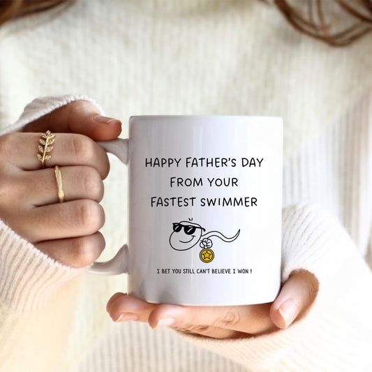 Funny Father's Day Coffee Mug, Fastest Swimmer Design, White Ceramic Cup with Humorous Quote 11oz