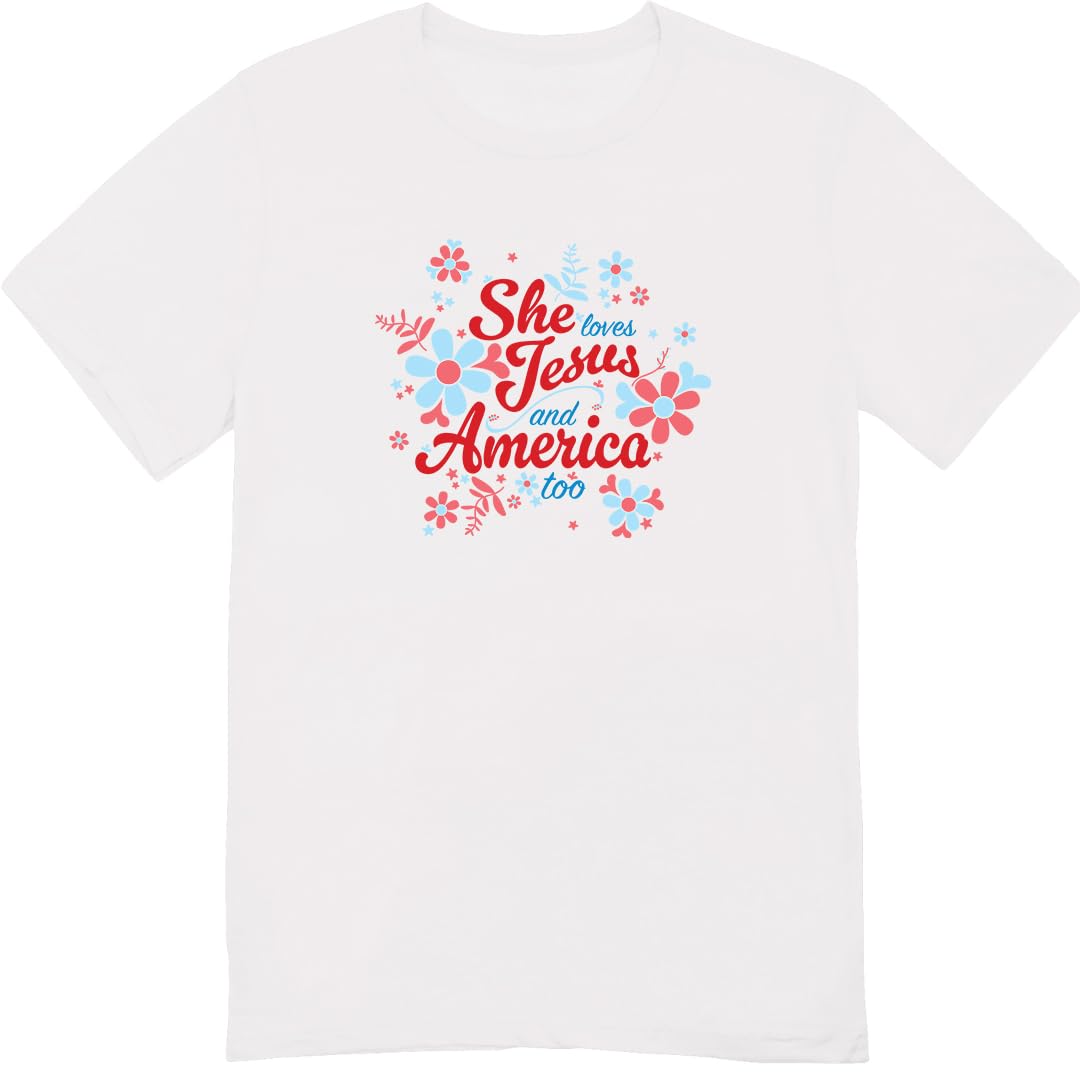 She Loves Jesus and America T-Shirt, Patriotic Faith Design, Women's Short Sleeve, Multiple Colors