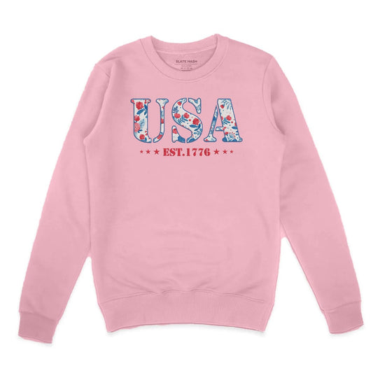 America Fourth of July Embroidered Sweatshirt for Women - 4th of July Shirt Embroidery - Patriotic Est 1776 Shirt for Women