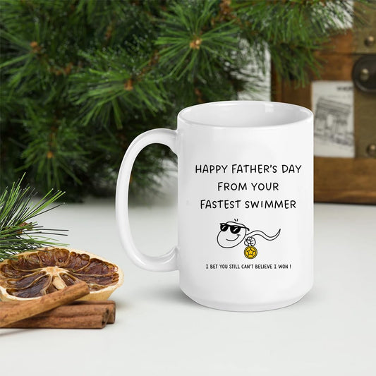 Funny Father's Day Coffee Mug, Fastest Swimmer Design, White Ceramic Cup with Humorous Quote 11oz