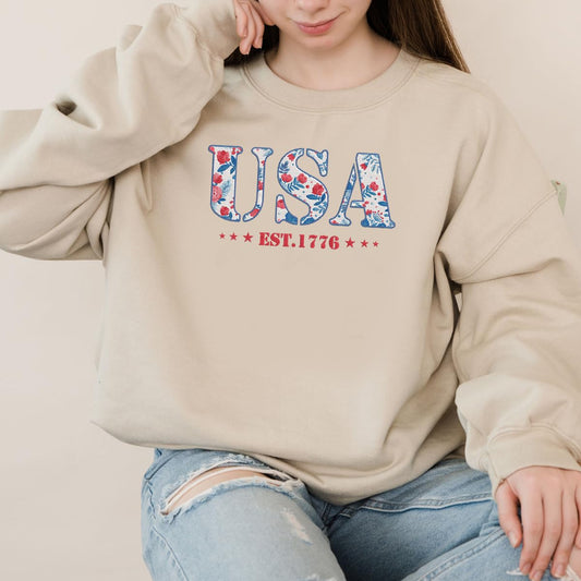 America Fourth of July Embroidered Sweatshirt for Women - 4th of July Shirt Embroidery - Patriotic Est 1776 Shirt for Women