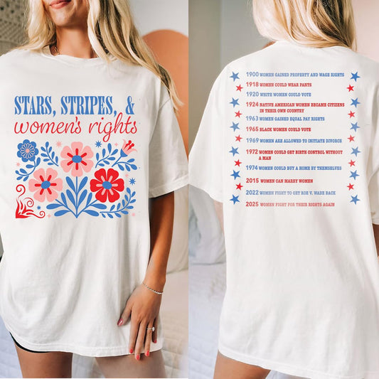 Women's Rights Timeline T-Shirt, Patriotic Floral Design, White Cotton Tee with Historical Milestones