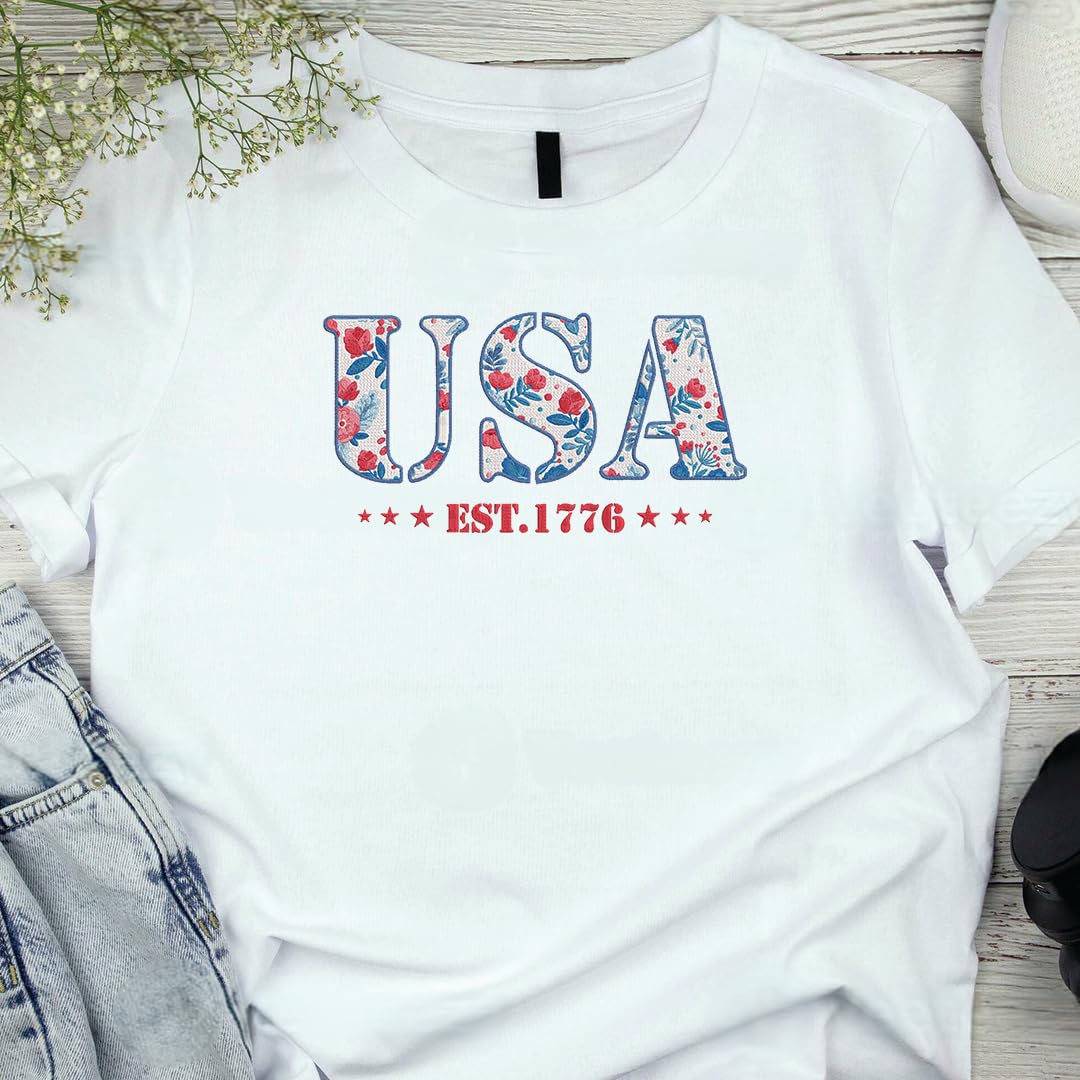 America Fourth of July Embroidered T-Shirt - 4th of July Tee Shirt Embroidery - Patriotic Est 1776 Shirt for Women