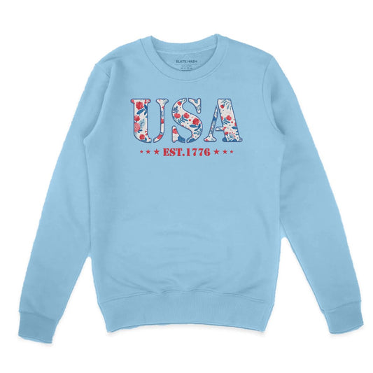 America Fourth of July Embroidered Sweatshirt for Women - 4th of July Shirt Embroidery - Patriotic Est 1776 Shirt for Women