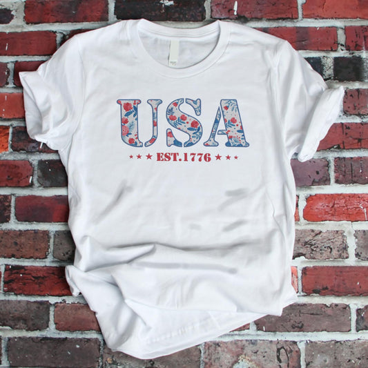 America Fourth of July Embroidered T-Shirt - 4th of July Tee Shirt Embroidery - Patriotic Est 1776 Shirt for Women