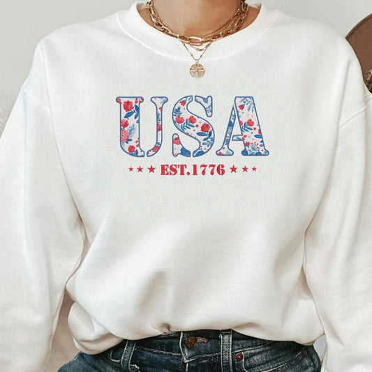 America Fourth of July Embroidered Sweatshirt for Women - 4th of July Shirt Embroidery - Patriotic Est 1776 Shirt for Women