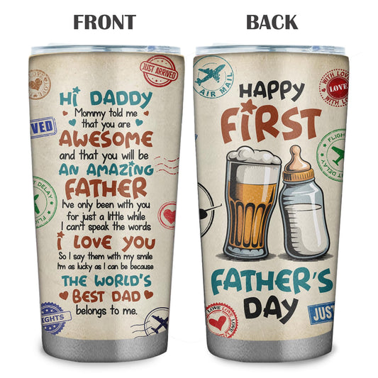 Happy 1st Fathers Day 20oz Tumbler - New Dad Gift - First Fathers Day Best Gifts From Baby Bump Wife - First Time Dad Insulated Stainless Steel Mug