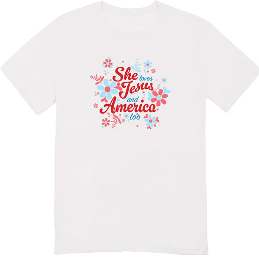 She Loves Jesus and America T-Shirt, Patriotic Faith Design, Women's Short Sleeve, Multiple Colors