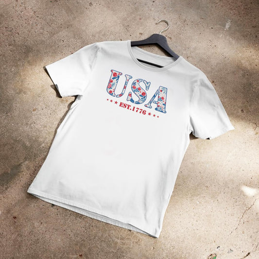 America Fourth of July Embroidered T-Shirt - 4th of July Tee Shirt Embroidery - Patriotic Est 1776 Shirt for Women