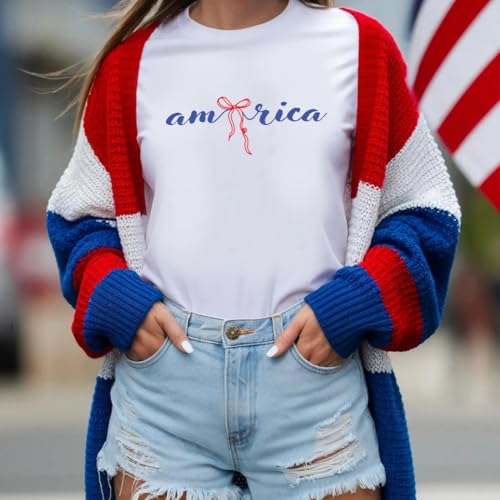 America 4th of July Bow Printed 2-Sided T-Shirt - Daisy Fourth of July Tee Shirt for Women