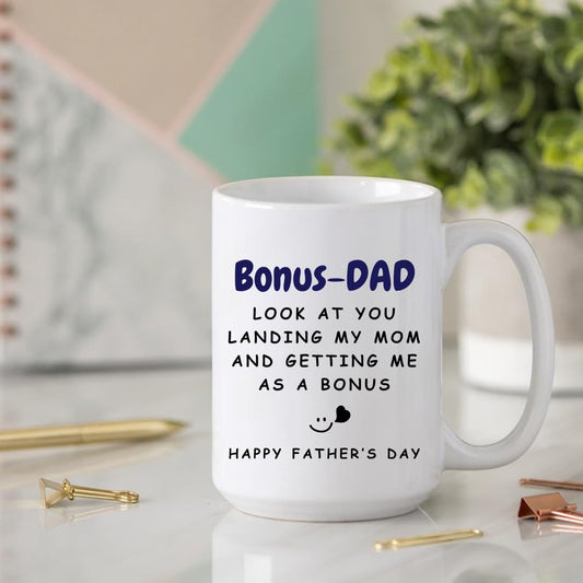 Father's Day Coffee Mug for Step Dad, Funny Stepdad Gift, White Ceramic Cup with Heartwarming Message
