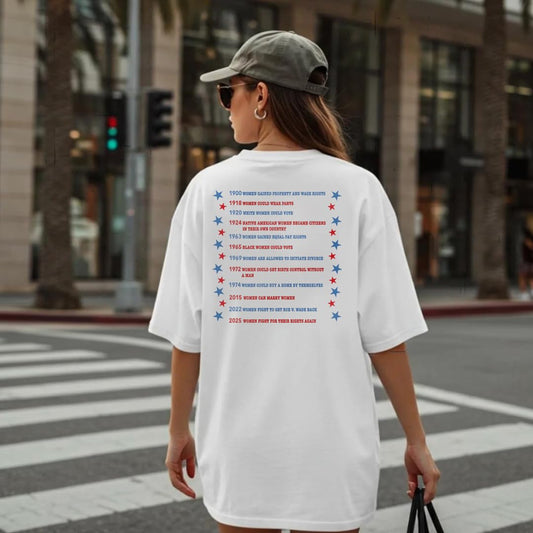 Women's Rights Timeline T-Shirt, Patriotic Floral Design, White Cotton Tee with Historical Milestones