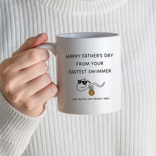 Funny Father's Day Coffee Mug, Fastest Swimmer Design, White Ceramic Cup with Humorous Quote 11oz