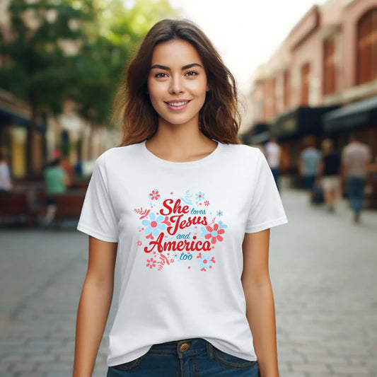 She Loves Jesus and America T-Shirt, Patriotic Faith Design, Women's Short Sleeve, Multiple Colors