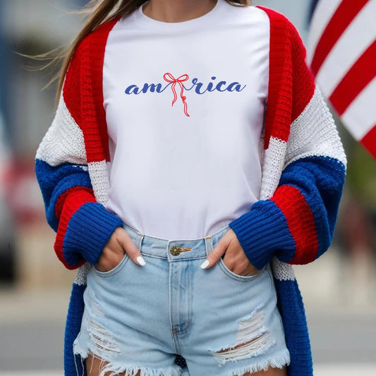 America 4th of July Bow Printed 2-Sided T-Shirt - Daisy Fourth of July Tee Shirt for Women