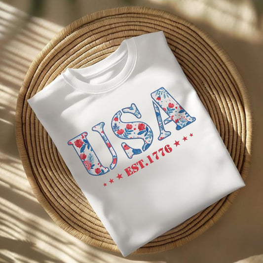 America Fourth of July Embroidered T-Shirt - 4th of July Tee Shirt Embroidery - Patriotic Est 1776 Shirt for Women