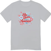She Loves Jesus and America T-Shirt, Patriotic Faith Design, Women's Short Sleeve, Multiple Colors