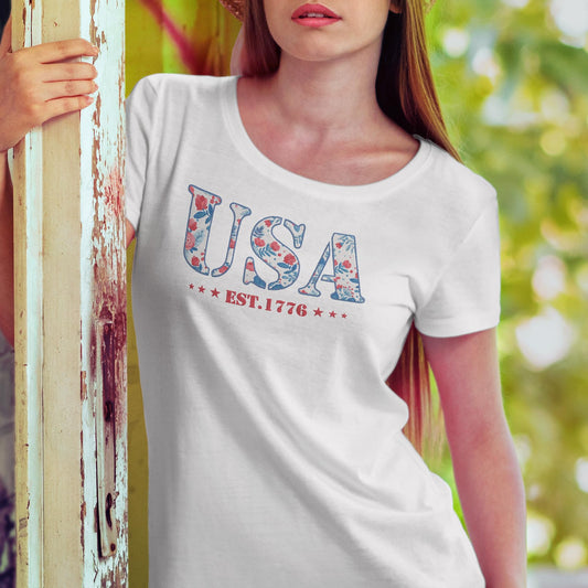 America Fourth of July Embroidered T-Shirt - 4th of July Tee Shirt Embroidery - Patriotic Est 1776 Shirt for Women