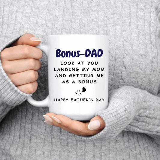 Father's Day Coffee Mug for Step Dad, Funny Stepdad Gift, White Ceramic Cup with Heartwarming Message