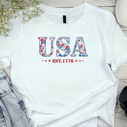 America Fourth of July Embroidered T-Shirt - 4th of July Tee Shirt Embroidery - Patriotic Est 1776 Shirt for Women