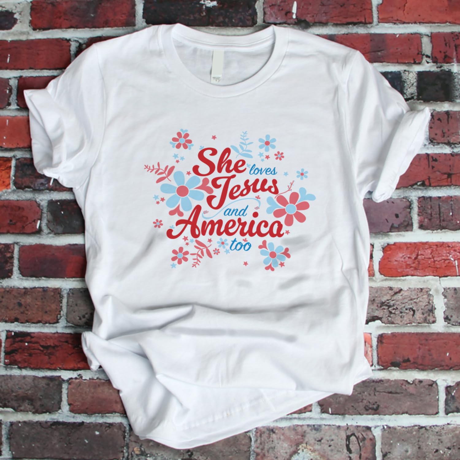 She Loves Jesus and America T-Shirt, Patriotic Faith Design, Women's Short Sleeve, Multiple Colors