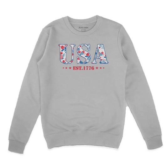 America Fourth of July Embroidered Sweatshirt for Women - 4th of July Shirt Embroidery - Patriotic Est 1776 Shirt for Women