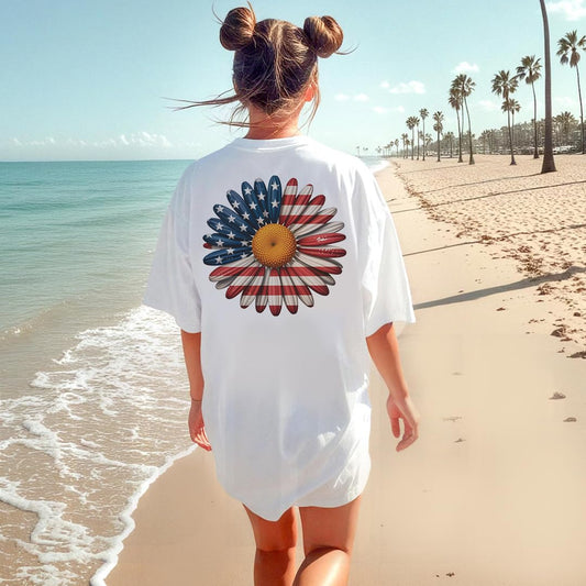 America 4th of July Bow Printed 2-Sided T-Shirt - Daisy Fourth of July Tee Shirt for Women