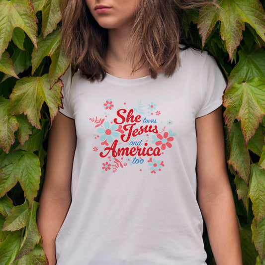 She Loves Jesus and America T-Shirt, Patriotic Faith Design, Women's Short Sleeve, Multiple Colors