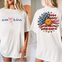 America 4th of July Bow Printed 2-Sided T-Shirt - Daisy Fourth of July Tee Shirt for Women