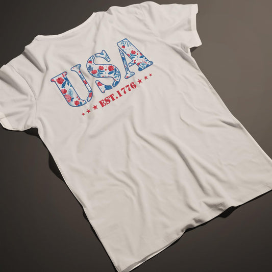 America Fourth of July Embroidered T-Shirt - 4th of July Tee Shirt Embroidery - Patriotic Est 1776 Shirt for Women