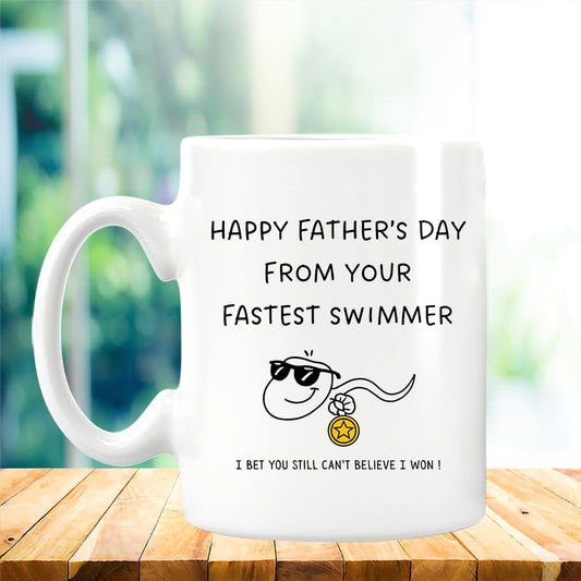 Funny Father's Day Coffee Mug, Fastest Swimmer Design, White Ceramic Cup with Humorous Quote 11oz