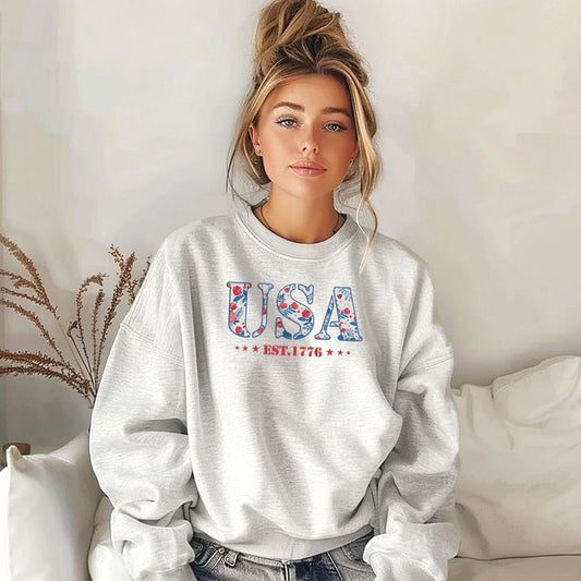 America Fourth of July Embroidered Sweatshirt for Women - 4th of July Shirt Embroidery - Patriotic Est 1776 Shirt for Women