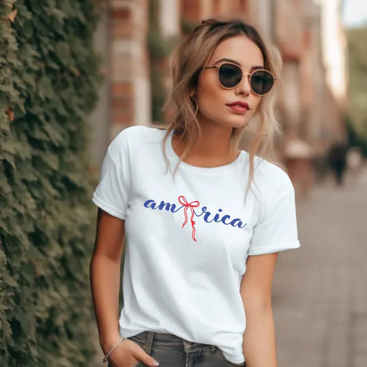 America 4th of July Bow Printed 2-Sided T-Shirt - Daisy Fourth of July Tee Shirt for Women