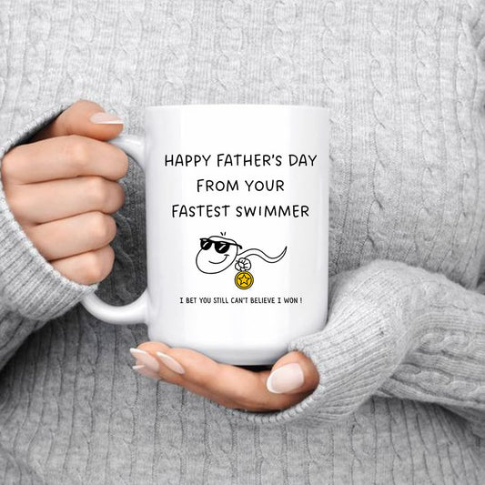 Funny Father's Day Coffee Mug, Fastest Swimmer Design, White Ceramic Cup with Humorous Quote 11oz