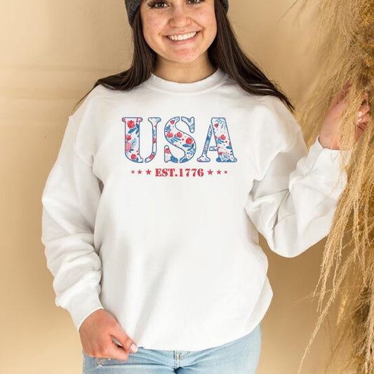 America Fourth of July Embroidered Sweatshirt for Women - 4th of July Shirt Embroidery - Patriotic Est 1776 Shirt for Women