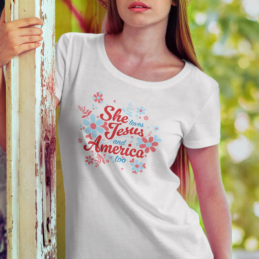 She Loves Jesus and America T-Shirt, Patriotic Faith Design, Women's Short Sleeve, Multiple Colors