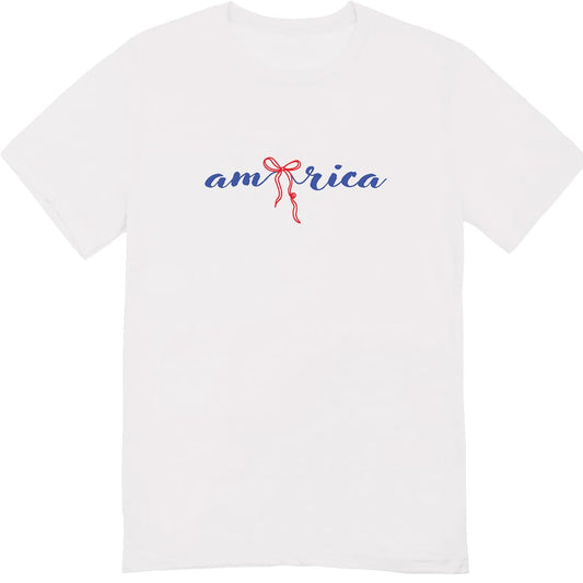 America 4th of July Bow Printed 2-Sided T-Shirt - Daisy Fourth of July Tee Shirt for Women