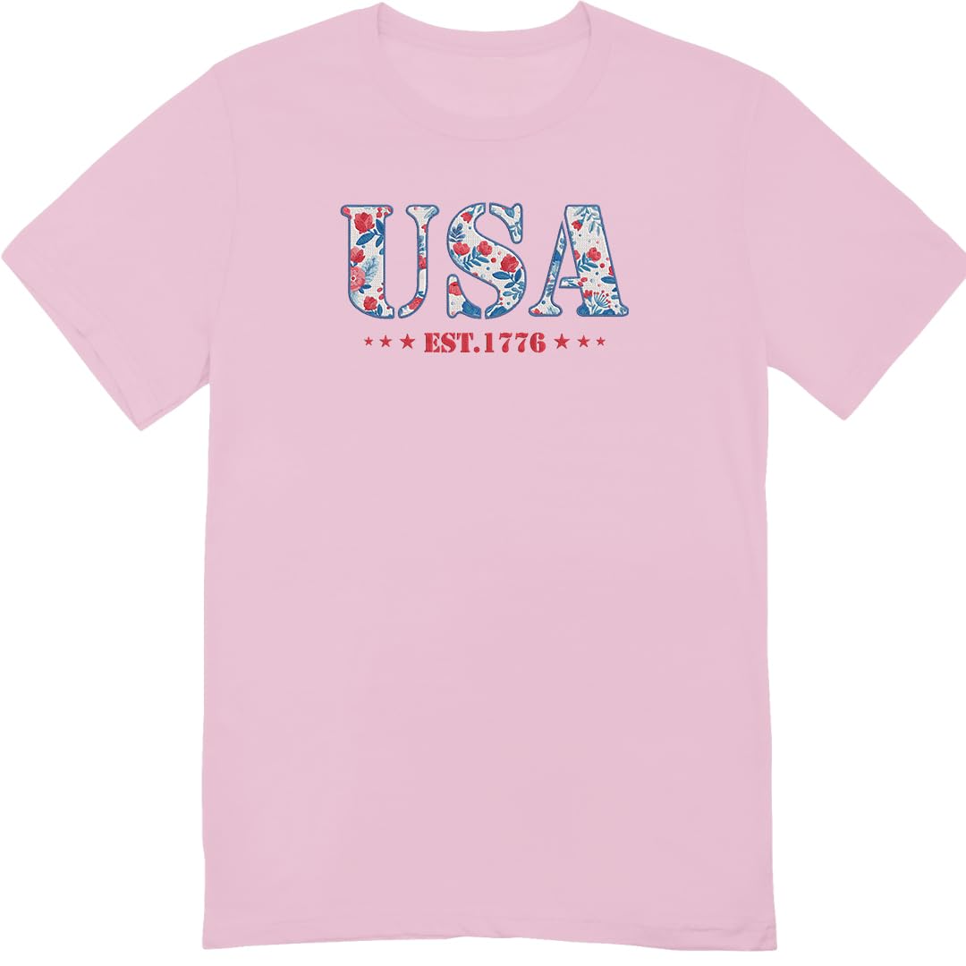 America Fourth of July Embroidered T-Shirt - 4th of July Tee Shirt Embroidery - Patriotic Est 1776 Shirt for Women